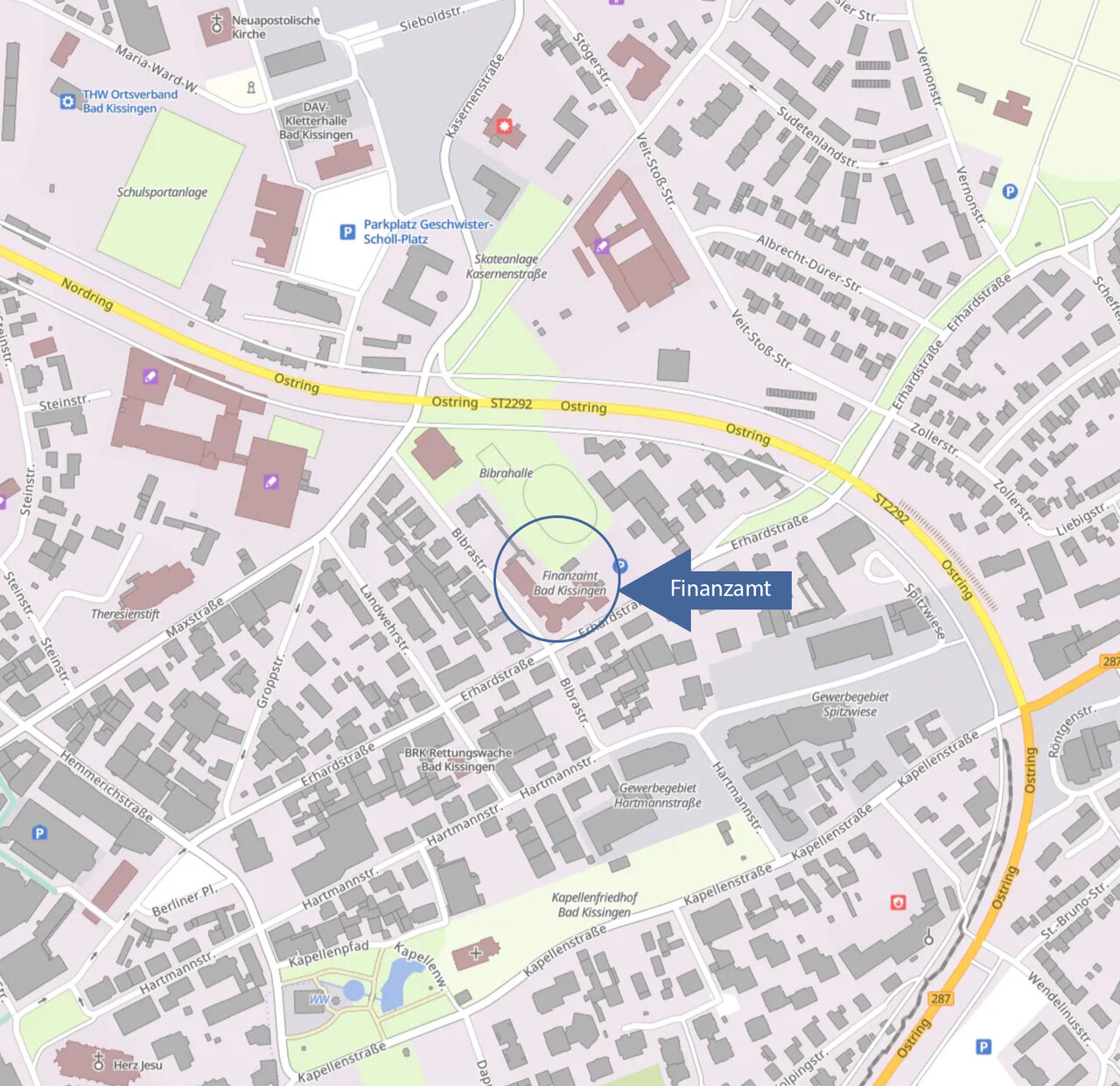  Stadtplan mit Markierung des Finanzamts Bad Kissingen, Bibrastraße 10